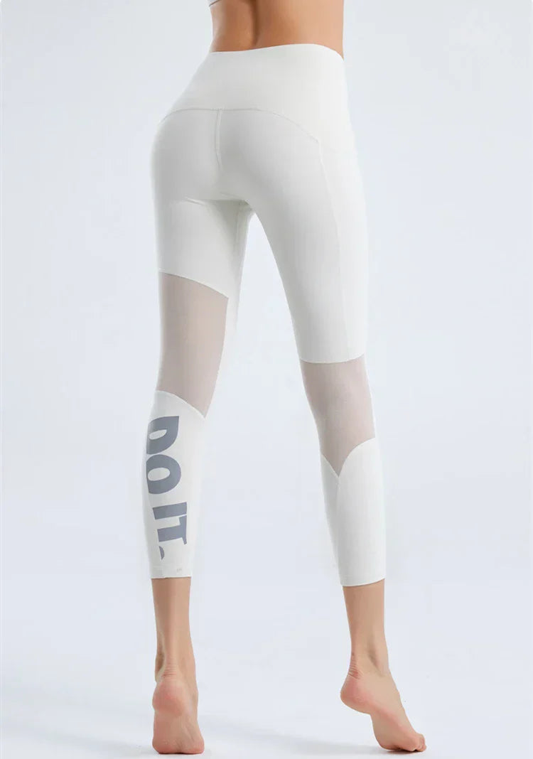 Summer Tight Female Mesh Stitching Pilates Letter Printing Elastic Thin Sports Leggings