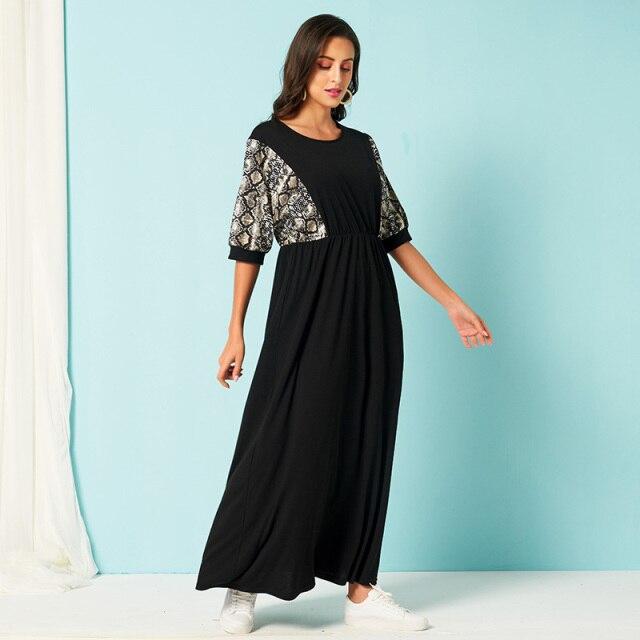 Summer New Women Long Dress Black Casual Fashion Snake Print Stitching Elastic Waist O-neck Half Sleeve Maxi Dresses Robe