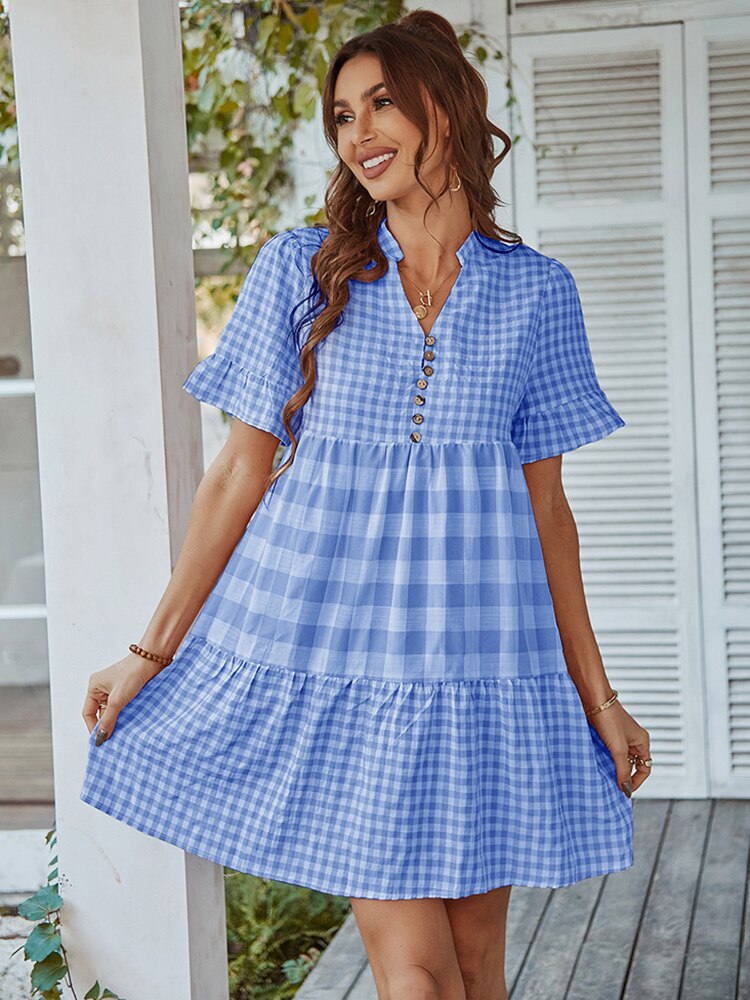 Plaid Short Sleeve Loose Ruffle Stitching Beach Dress