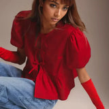 Summer Vintage Red 2025 New Korean Retro Bubble Sleeve Female Women's Fashion Shirt Blouse