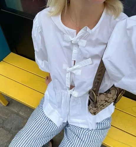 Summer Vintage Red 2025 New Korean Retro Bubble Sleeve Female Women's Fashion Shirt Blouse