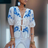 Summer Vintage 2025 Spring Korean Fashion Casual Linen Placket Lace-up Female Shirt Blouse