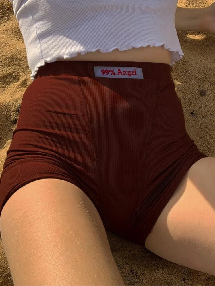 Summer Letter Embroidery Biker Women Ribber Knit Black High Waist Casual Streetwear Short
