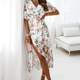 Summer Women Chiffon Floral Deep V Neck Big Hem Beach Party White Casual Fashion Ruffle Long 2025 Midi Dress