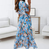 Summer Women Chiffon Floral Deep V Neck Big Hem Beach Party White Casual Fashion Ruffle Long 2025 Midi Dress