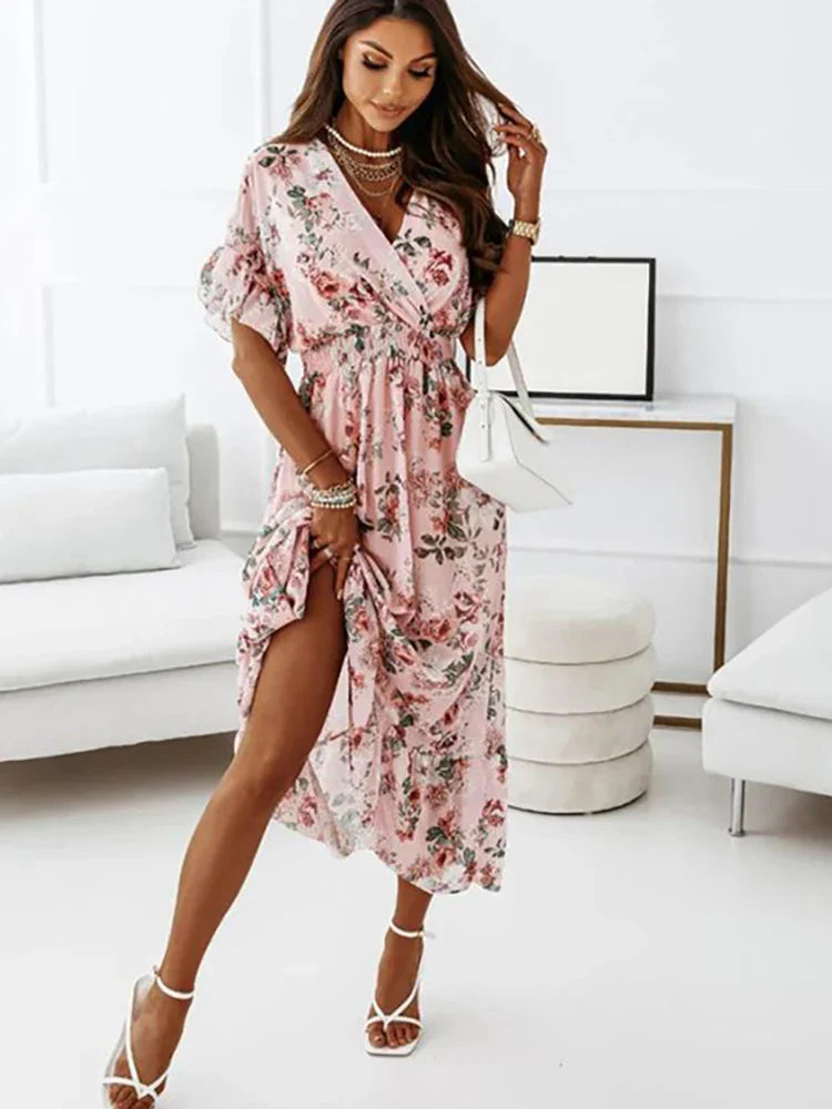 Summer Women Chiffon Floral Deep V Neck Big Hem Beach Party White Casual Fashion Ruffle Long 2025 Midi Dress