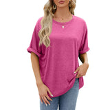 Summer Women's Oversized Pullover O-Neck Short Sleeve Solid Color Blouse