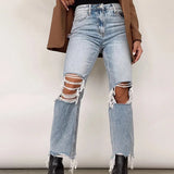 Women Stretch Skinny Ripped Light Blue Vintage Trouser