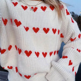 Sweet Heart Printed O Neck For Women Thick Warm Lantern Long Sleeved Sweater