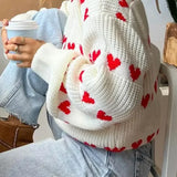Sweet Heart Printed O Neck For Women Thick Warm Lantern Long Sleeved Sweater
