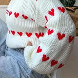 Sweet Heart Printed O Neck For Women Thick Warm Lantern Long Sleeved Sweater