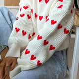 Sweet Heart Printed O Neck For Women Thick Warm Lantern Long Sleeved Sweater