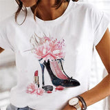 T-shirts Women Sweet Wine Print Girl 90s Cartoon Printing Clothes