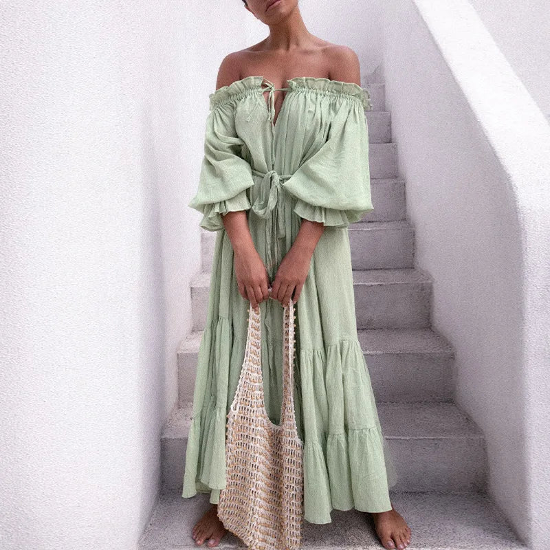 100% Cotton Vintage Off Shoulder Long For Women Robe Casual Lace Up Loose Summer Solid Ruffles Vestidos Boho Dress