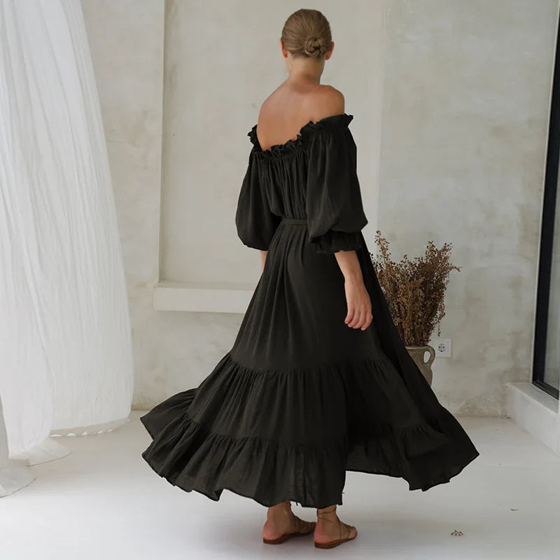100% Cotton Vintage Off Shoulder Long For Women Robe Casual Lace Up Loose Summer Solid Ruffles Vestidos Boho Dress