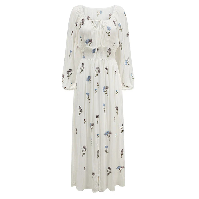Cotton  White  Maxi  Vintage  Floral Embroidery  Spring/Autumn  Robe  Long Sleeve  Casual Boho Dress