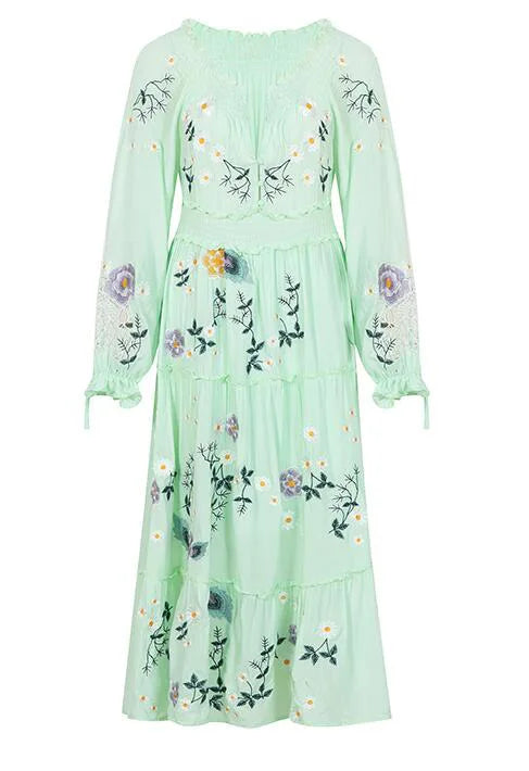 Blue  Floral Embroidery  Casual  Deep V  Long Sleeve  Vintage  Loose  Ruffles Boho Dress