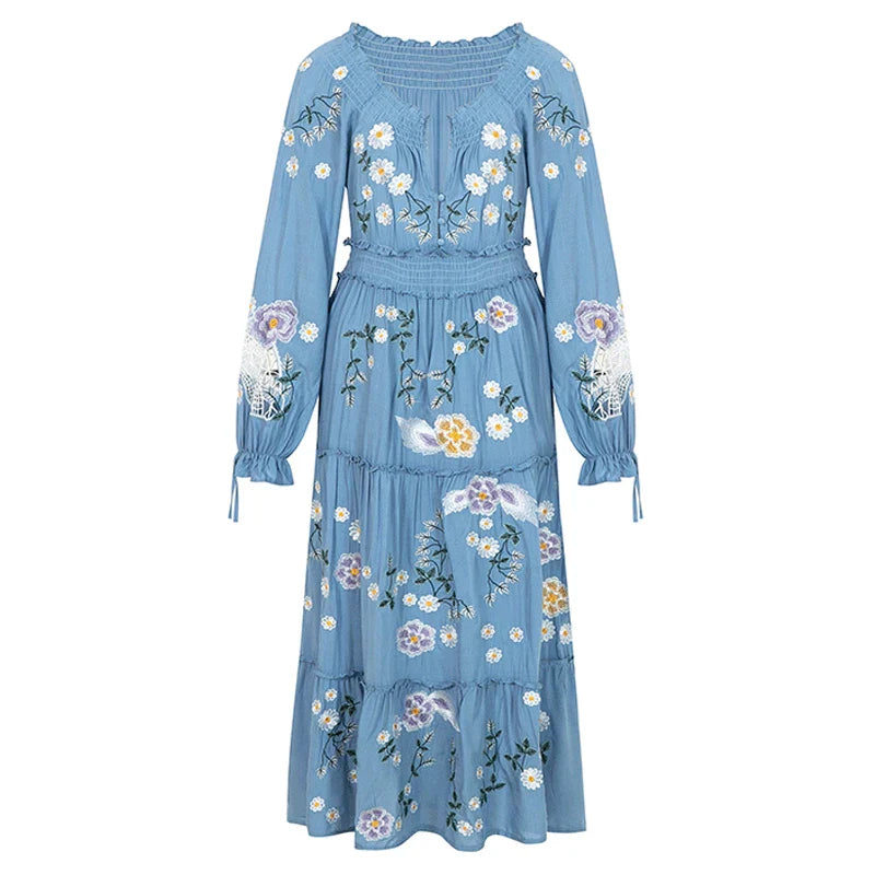 Blue  Floral Embroidery  Casual  Deep V  Long Sleeve  Vintage  Loose  Ruffles Boho Dress