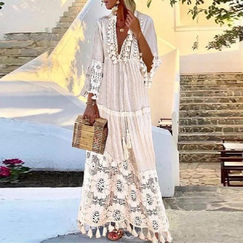 Long Sleeve  Tassel  Women  Vintage  Floral Embroidery  Beach Wear  Summer  2025  Casual  Lace  Vestidos  Boho Dress