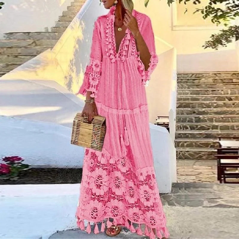 Long Sleeve  Tassel  Women  Vintage  Floral Embroidery  Beach Wear  Summer  2025  Casual  Lace  Vestidos  Boho Dress