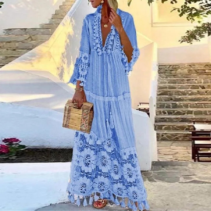 Long Sleeve  Tassel  Women  Vintage  Floral Embroidery  Beach Wear  Summer  2025  Casual  Lace  Vestidos  Boho Dress