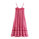 Pink  Spliced  Crochet Strap  Women  Robe  Vintage  Sleeveless  Backless  Summer  Maxi  Loose  Beach Wear Boho Dress