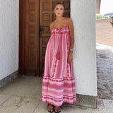 Pink  Spliced  Crochet Strap  Women  Robe  Vintage  Sleeveless  Backless  Summer  Maxi  Loose  Beach Wear Boho Dress