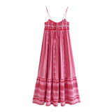 Pink  Spliced  Crochet Strap  Women  Robe  Vintage  Sleeveless  Backless  Summer  Maxi  Loose  Beach Wear Boho Dress
