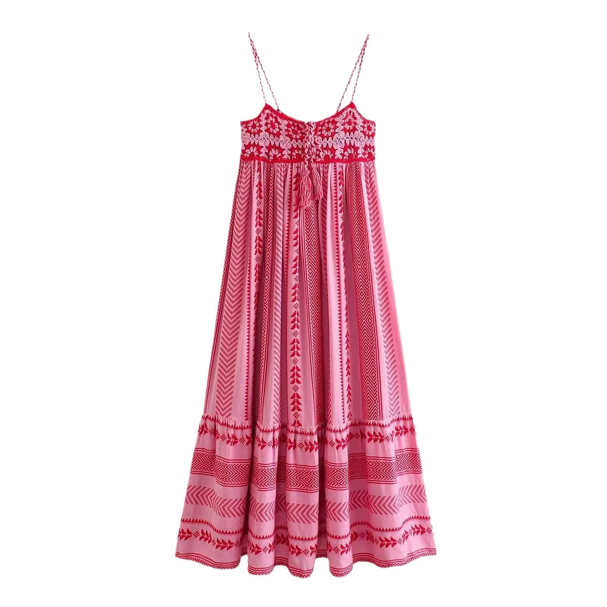 Pink  Spliced  Crochet Strap  Women  Robe  Vintage  Sleeveless  Backless  Summer  Maxi  Loose  Beach Wear Boho Dress
