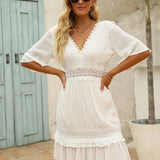 White Lace  Mini  For Women  Robe  Sexy  Deep V  Short  Ruffles Sleeve  Summer  Party  Casual  Beach  Vestidos Boho Dress
