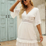 White Lace  Mini  For Women  Robe  Sexy  Deep V  Short  Ruffles Sleeve  Summer  Party  Casual  Beach  Vestidos Boho Dress