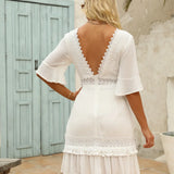 White Lace  Mini  For Women  Robe  Sexy  Deep V  Short  Ruffles Sleeve  Summer  Party  Casual  Beach  Vestidos Boho Dress