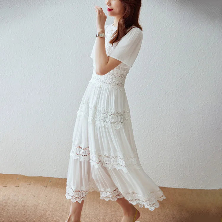Casual  Short Sleeve  Vintage  Floral Embroidery  Ruffles  Summer  Loose  Cotton Boho Dress