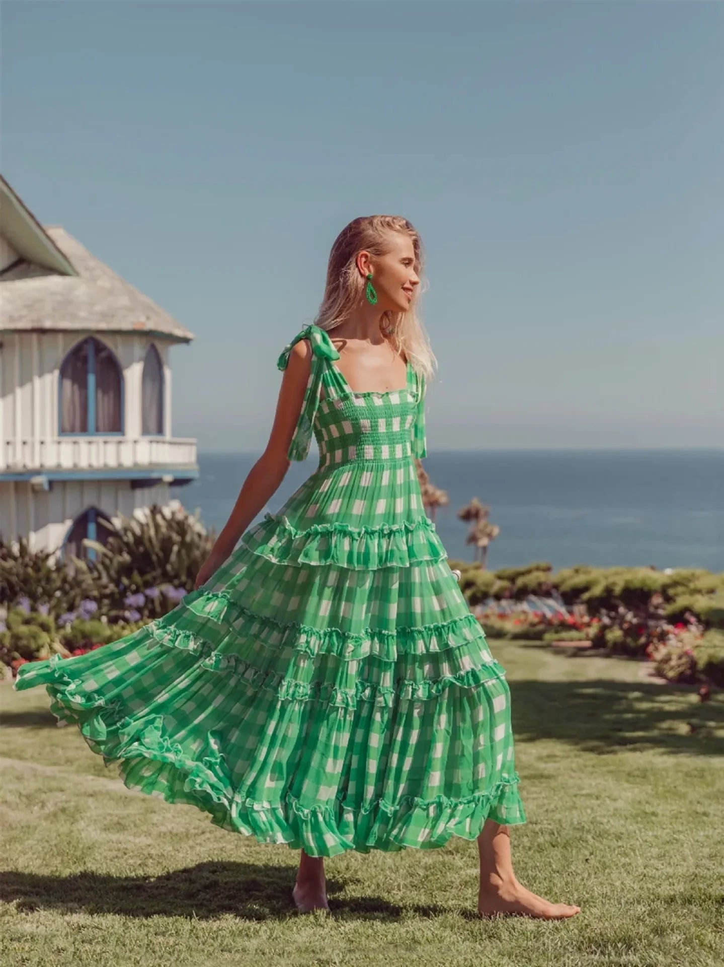 Casual Square Collar Plaid for Women Vintage High Waist Ruffles Summer 2025 Sleeveless Long Vestidos Boho Dress