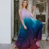 Elegant  Party  Chiffon  Rainbow Floral Print  Maxi  Women  Sexy  Backless  Halter  Long  Summer  Beach  Robe Boho Dress