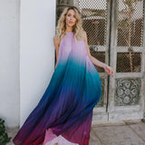 Elegant  Party  Chiffon  Rainbow Floral Print  Maxi  Women  Sexy  Backless  Halter  Long  Summer  Beach  Robe Boho Dress