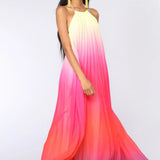 Elegant  Party  Chiffon  Rainbow Floral Print  Maxi  Women  Sexy  Backless  Halter  Long  Summer  Beach  Robe Boho Dress