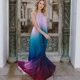 Elegant  Party  Chiffon  Rainbow Floral Print  Maxi  Women  Sexy  Backless  Halter  Long  Summer  Beach  Robe Boho Dress