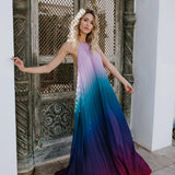 Elegant  Party  Chiffon  Rainbow Floral Print  Maxi  Women  Sexy  Backless  Halter  Long  Summer  Beach  Robe Boho Dress