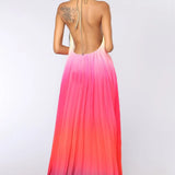 Elegant  Party  Chiffon  Rainbow Floral Print  Maxi  Women  Sexy  Backless  Halter  Long  Summer  Beach  Robe Boho Dress