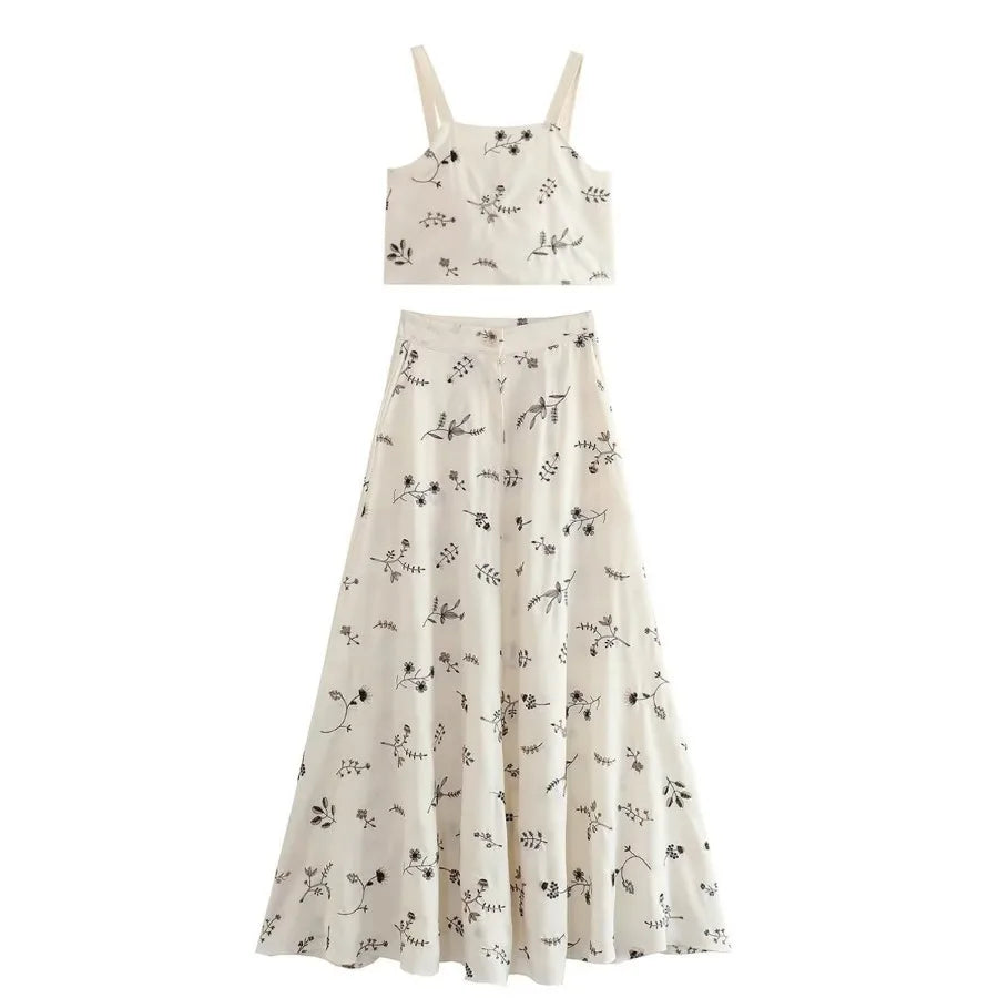 Floral Embroidery  Crop Top  Maxi Skirt  Suit  Women  Vintage  Sleeveless  Summer  Set  Beach  Vestidos Boho Dress