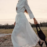 Hollow Out  Cotton  Floral Embroidery  Lace  Casual  Long  Spring Autumn  Party Boho Dress
