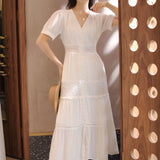 Lantern Sleeve  Cotton  Splice Lace  Long  Vintage  White  V-neck  Autumn  Holiday Boho Dress