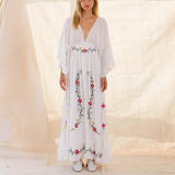 Long Sleeve Deep V-neck Maxi Women Vintage Rayon Embroidered White Autumn Vestidos 2025 Casual Long Robe Boho Dress