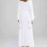 Long Sleeve Deep V-neck Maxi Women Vintage Rayon Embroidered White Autumn Vestidos 2025 Casual Long Robe Boho Dress