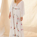 Long Sleeve Deep V-neck Maxi Women Vintage Rayon Embroidered White Autumn Vestidos 2025 Casual Long Robe Boho Dress