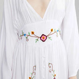 Long Sleeve Deep V-neck Maxi Women Vintage Rayon Embroidered White Autumn Vestidos 2025 Casual Long Robe Boho Dress