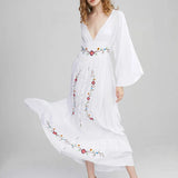 Long Sleeve Deep V-neck Maxi Women Vintage Rayon Embroidered White Autumn Vestidos 2025 Casual Long Robe Boho Dress