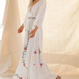 Long Sleeve Deep V-neck Maxi Women Vintage Rayon Embroidered White Autumn Vestidos 2025 Casual Long Robe Boho Dress