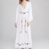 Long Sleeve Deep V-neck Maxi Women Vintage Rayon Embroidered White Autumn Vestidos 2025 Casual Long Robe Boho Dress